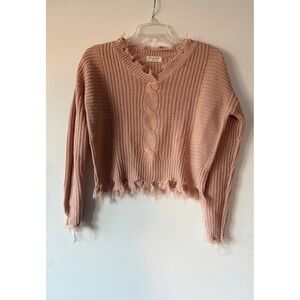 Full Circle Trends Cable Knit Distressed Cropped Sweater Womens S Pink Blush Y2K